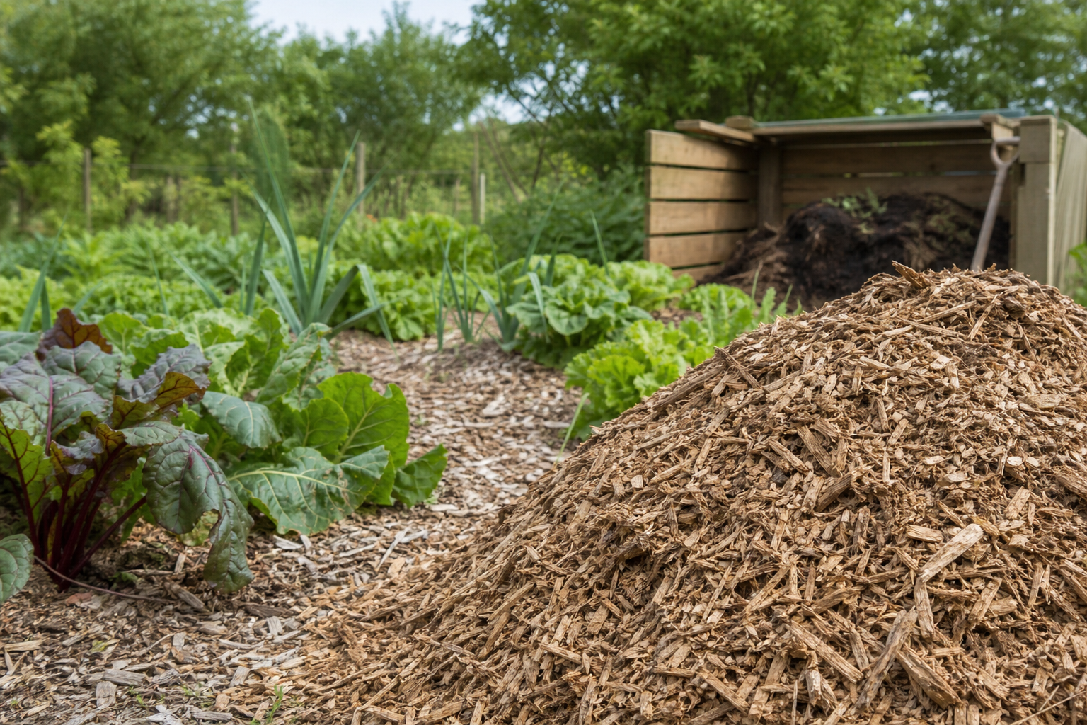 Broyat de bois utilisé en paillage dans un jardin potager